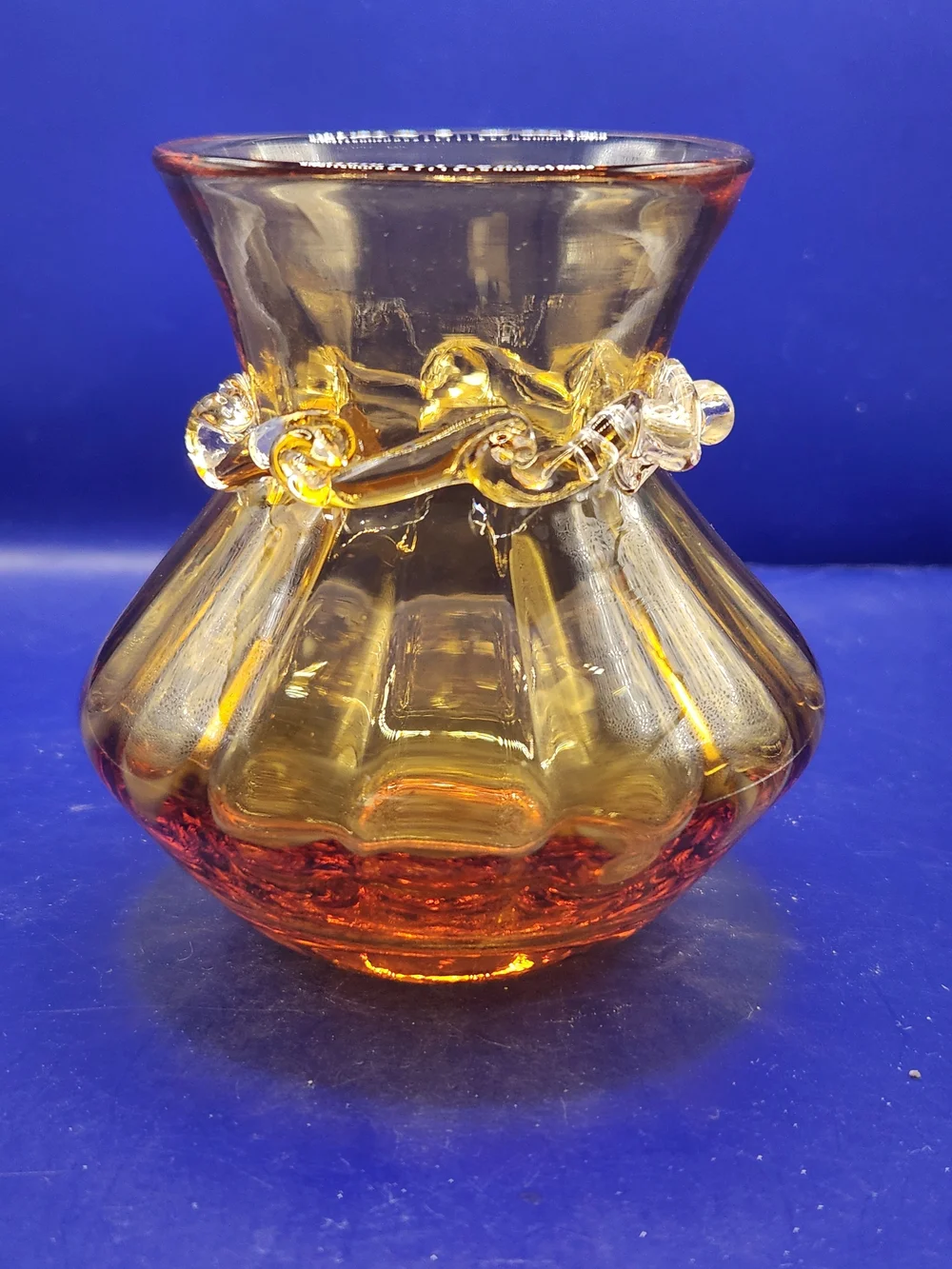 Vintage Pilgrim Glass Hand-blown Amberina Vase W/Applied Rigaree